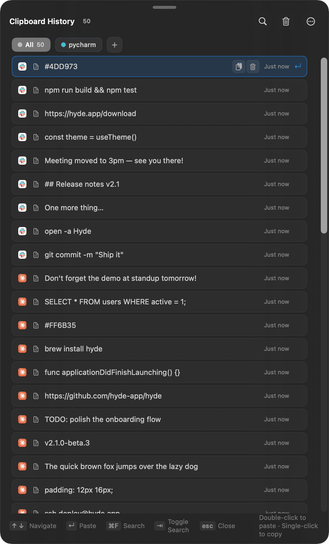 The real Hyde Clipboard History panel — a dark rounded sidebar listing copied text, links and screenshots with color-coded groups and a search field