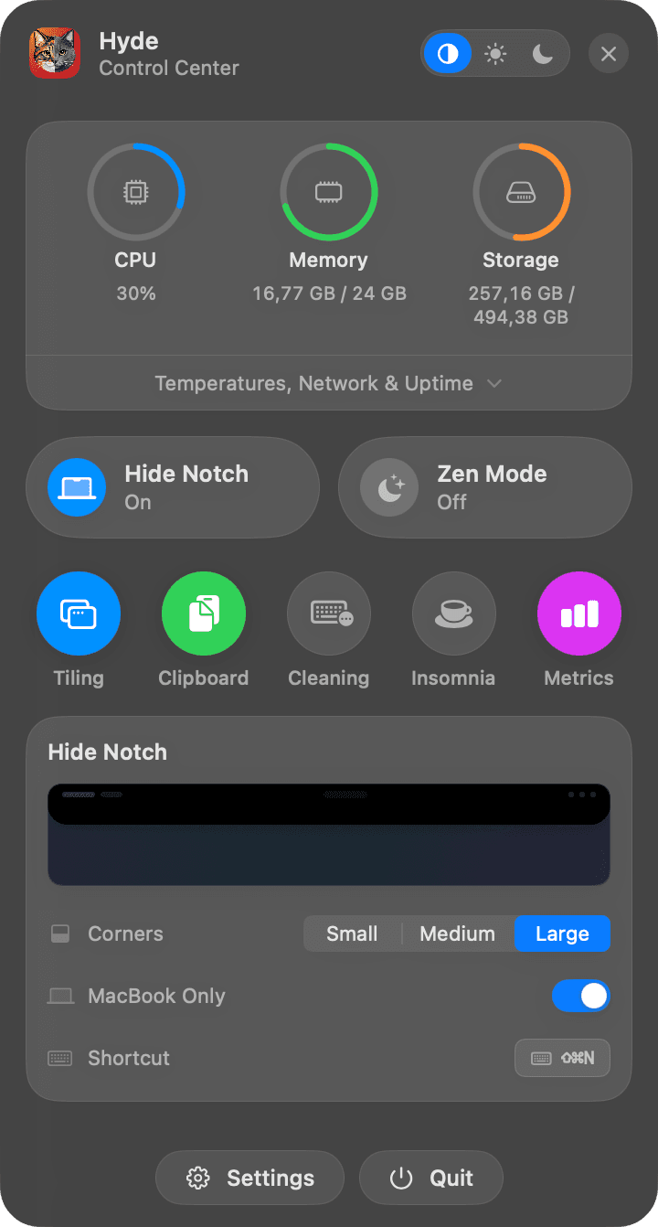 Hyde's Control Center popover with CPU, RAM and storage rings, Hide Notch and Zen Mode toggles, feature tiles, and Settings and Quit buttons