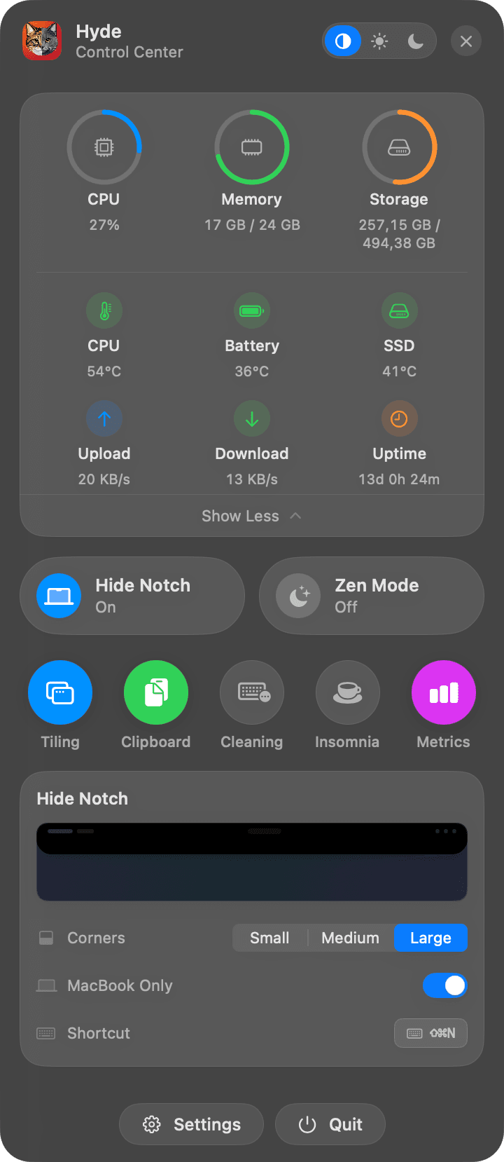 The same popover with temperature metrics expanded: CPU, battery and SSD temperatures, network speed and system uptime