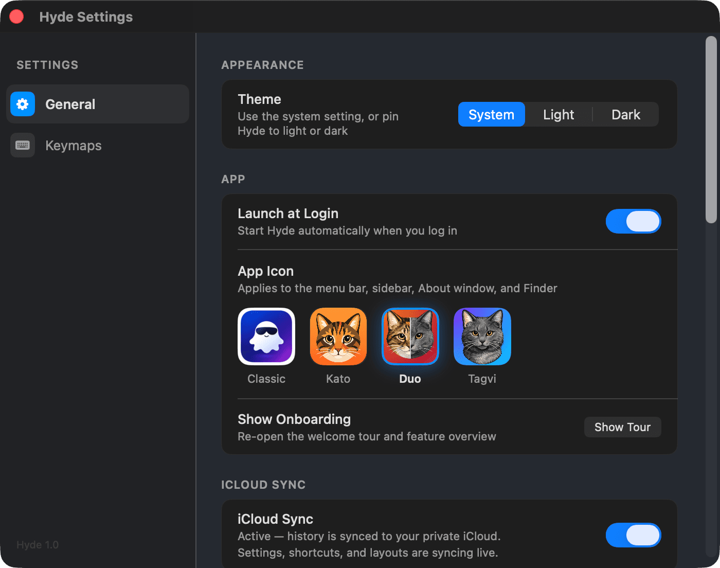 Hyde's Settings window on the General tab, with theme selection, launch at login, the app icon gallery and iCloud sync options
